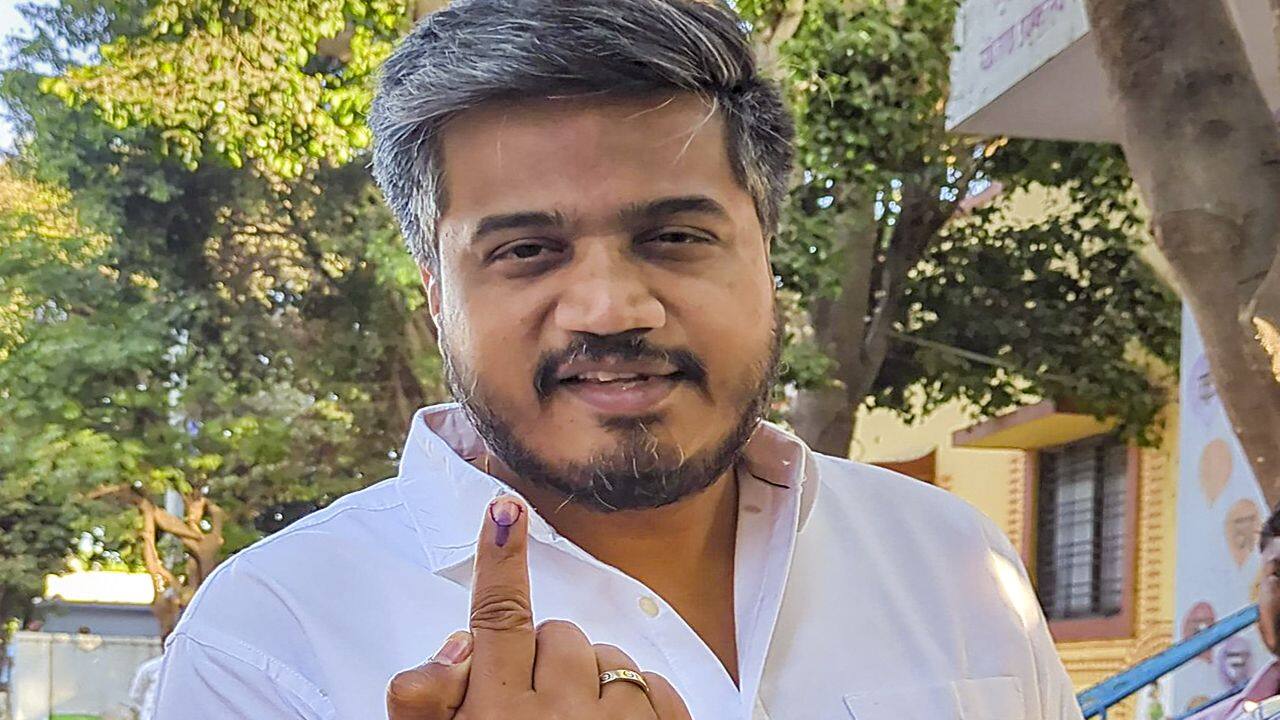 **EDS: IMAGE VIA @RRPSpeaks** Baramati: Nationalist Congress Party (Sharadchandra Pawar) leader Rohit Pawar shows his inked finger after casting vote at a polling station during the 3rd phase of Lok Sabha polls, at Pimpli in Baramati, Tuesday, May 7, 2024. (PTI Photo) 