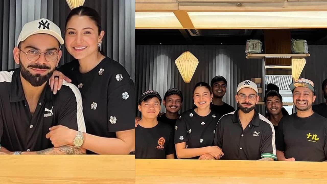 Anushka Sharma and Virat Kohli pose together in black outfits for their dinner date at a high end restaurant in Bengaluru