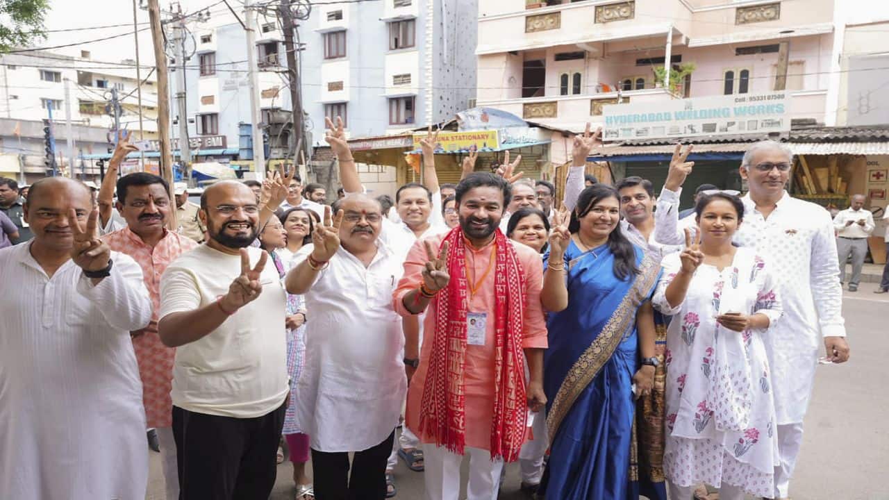 **EDS: IMAGE VIA @kishanreddybjp** Secunderabad: Telengana BJP chief G Kishan Reddy shows his inked finger after casting his vote along with his family members and relatives at a polling station during fourth phase of Lok Sabha polls, in Kacheguda, Secunderabad, Monday, May 13, 2024. (PTI Photo) (PTI05_13_2024_000043B)