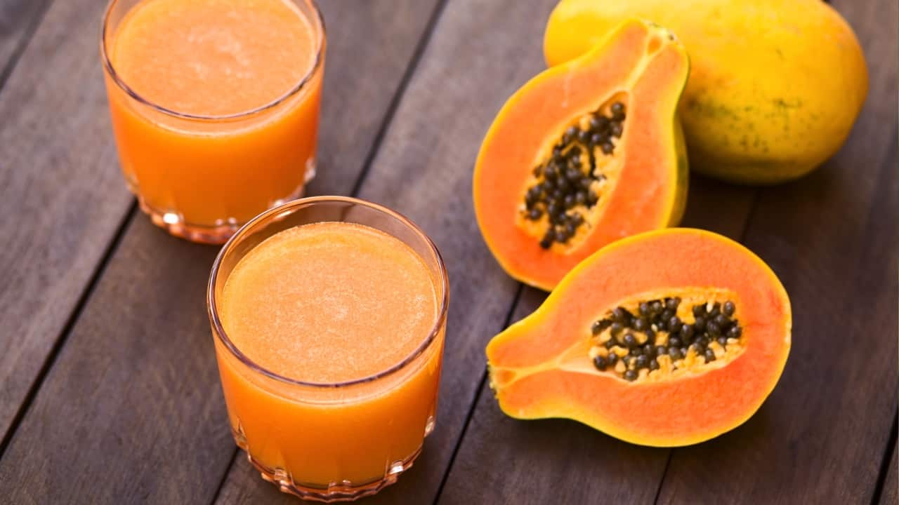 7. Papaya Juice Papaya juice contains papain, a protein-digesting enzyme that aids in food breakdown and promotes regularity. Its fiber, antioxidants, and micronutrients collectively stimulate healthy bowel function while controlling flatulence-provoking bacteria. The seeds of papaya pack an extra digestive punch. Other juices, like tart cherry and pomegranate for inflammation, or fennel and celery for bloating, also show promise. Now, you know both the science and traditional wisdom behind juices for better digestion. (Image: Canva)