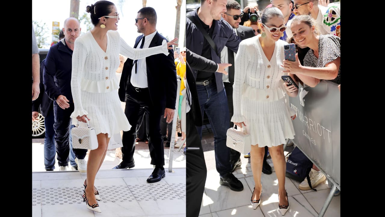 Selena Gomez arrives at the 2024 Cannes Film Festival in all white Self-Portrait mini dress Selena Gomez arrives at the 2024 Cannes Film Festival in all white Self-Portrait mini dress