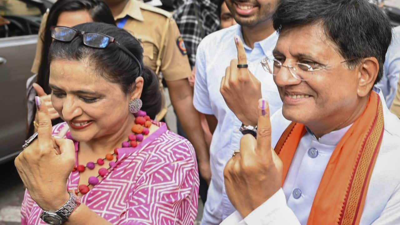  Mumbai: Union Minister Piyush Goyal shows his inked finger after casting his vote during the fifth phase of Lok Sabha elections, in Mumbai, Monday, May 20, 2024. (PTI Photo)