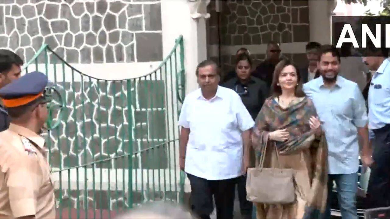 Reliance Industries Chairman Mukesh Ambani, Founder and Chairperson of Reliance Foundation Nita Ambani along with their son arrive at a voting centre in Mumbai to cast their vote for #LokSabhaElections2024. (Image Source: ANI)