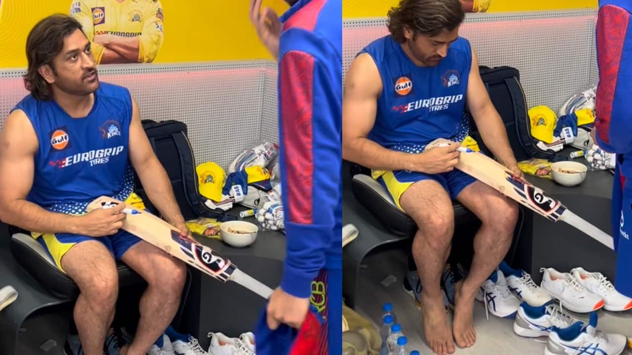 IPL 2024: CSK's MS Dhoni signs the bat of RCB's Mayank Dagar after RCB vs CSK match