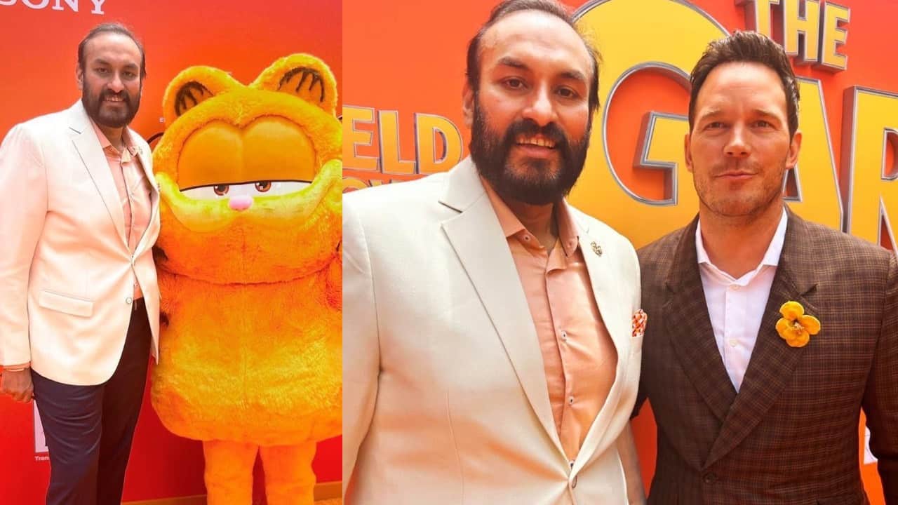 'The Garfield Movie' producer Namit Malhotra attends the movie's premiere with Hollywood stars Chris Pratt and Hannah Waddingham