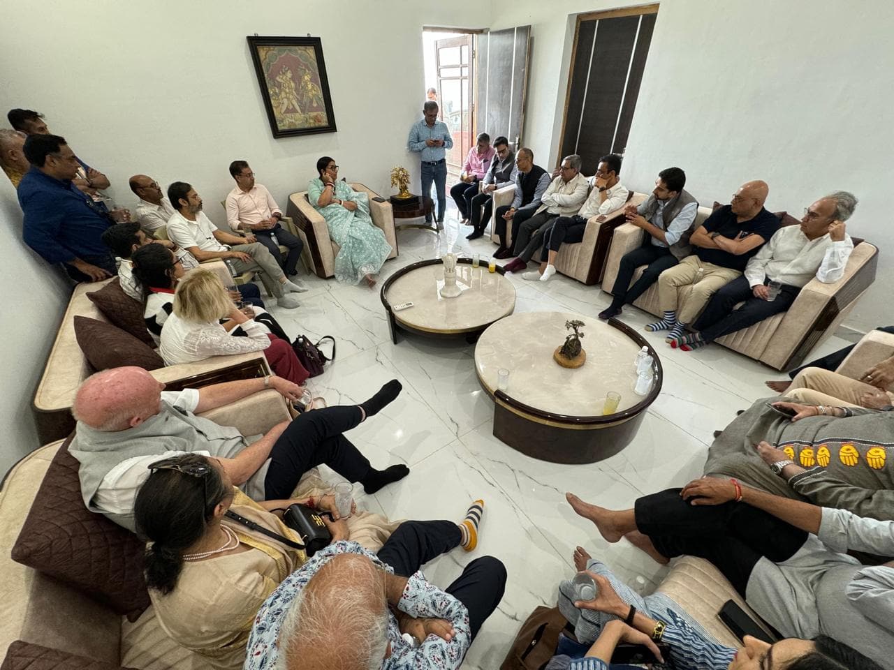 Union minister Smriti Irani with CEOs, ambassadors and Network 18 editors at her residence in Amethi 