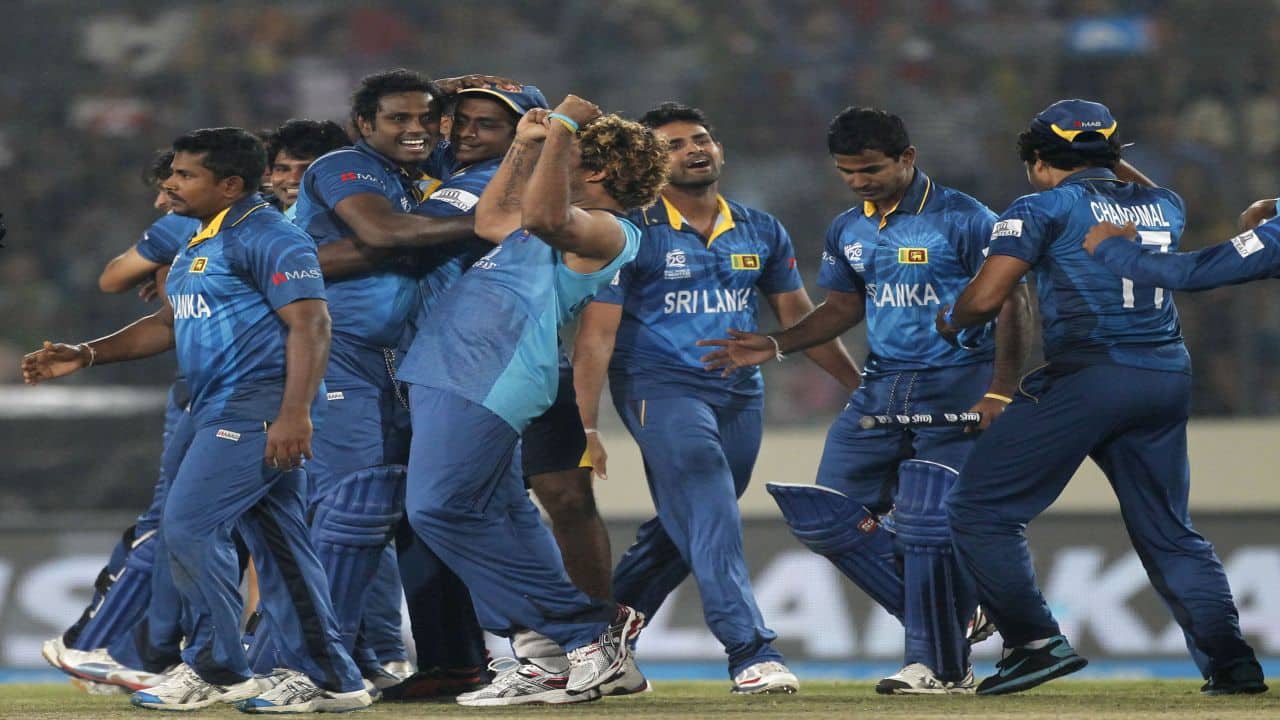 Sri Lanka's players celebrate after they won the ICC Twenty20 World Cup cricket title after beating India at the Sher-E-Bangla National Cricket Stadium in Dhaka April 6, 2014. REUTERS/Andrew Biraj (BANGLADESH - Tags: SPORT CRICKET) Sri Lanka's players celebrate after they won the ICC Twenty20 World Cup cricket title after beating India at the Sher-E-Bangla National Cricket Stadium in Dhaka April 6, 2014. REUTERS/Andrew Biraj (BANGLADESH - Tags: SPORT CRICKET)