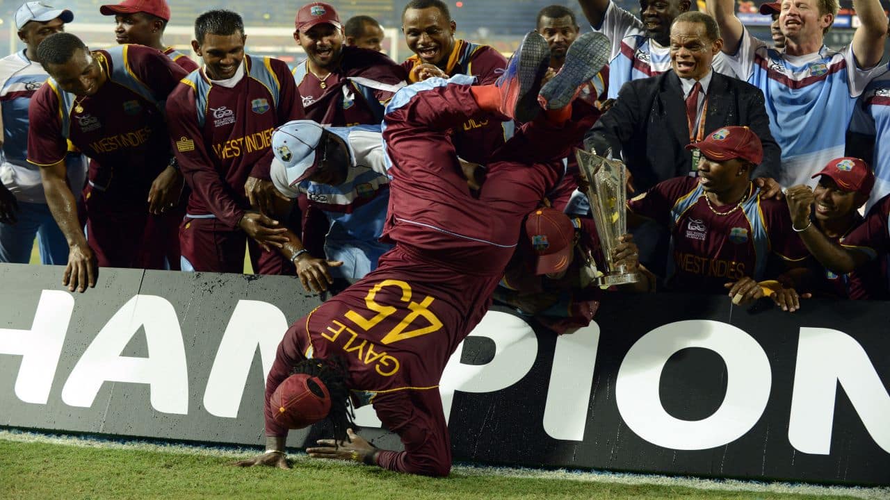 West Indies' Chris Gayle leaps over a board as they celebrate winning the world Twenty20 final against Sri Lanka at R Premadasa Stadium in Colombo October 7, 2012. REUTERS/Philip Brown (SRI LANKA - Tags: SPORT CRICKET TPX IMAGES OF THE DAY) West Indies' Chris Gayle leaps over a board as they celebrate winning the world Twenty20 final against Sri Lanka at R Premadasa Stadium in Colombo October 7, 2012. REUTERS/Philip Brown (SRI LANKA - Tags: SPORT CRICKET TPX IMAGES OF THE DAY)