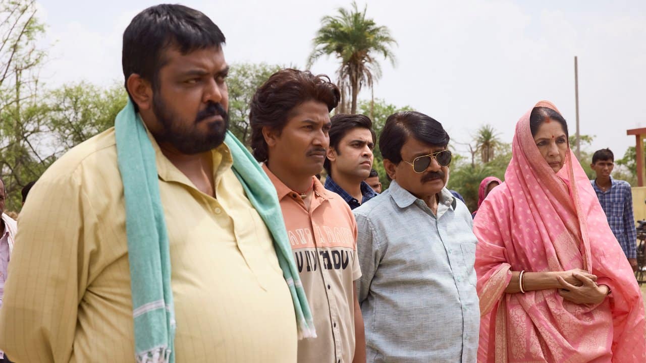 Prahlad Pandey (Faisal Malik), Vikas (Chandan Roy), Abhishek Tripathi (Jitendra Kumar, Pradhan Brij Bhushan (Raghubir Yadav), and Manju Devi (Neena Gupta) in Panchayat Season 3.