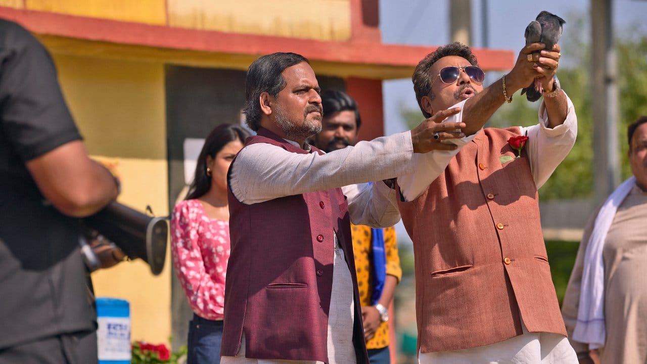 Panchayat Season 3 cast: Bhushan aka Banrakas (Durgesh Kumar) and MLA Chandra Kishore Singh aka Vidhaayak ji (Pankaj Jha) in season 3 of Panchayat on Prime Video.