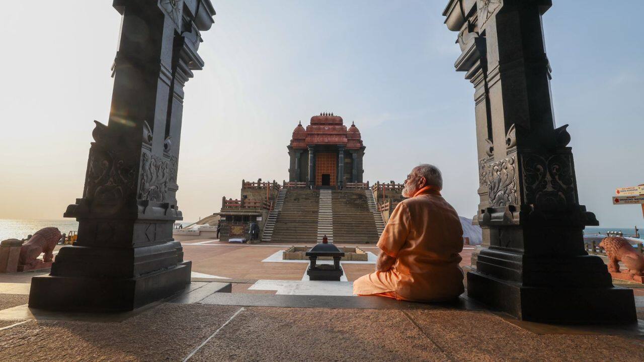 Hindu scholar Swami Vivekananda is said to have received a divine vision of "Bharat Mata at the Vivekananda Rock Memorial where PM Modi was meditating. Hindu scholar Swami Vivekananda is said to have received a divine vision of "Bharat Mata at the Vivekananda Rock Memorial where PM Modi was meditating.