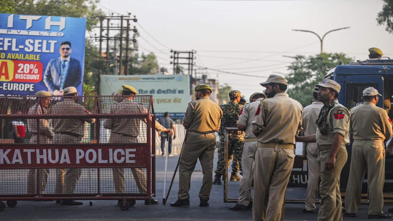 Kathua: Security personnel deployed outside a counting centre on the day of counting of votes for Lok Sabha elections, in Kathua, Tuesday, June 4, 2024. (PTI Photo)(PTI06_04_2024_000016B)