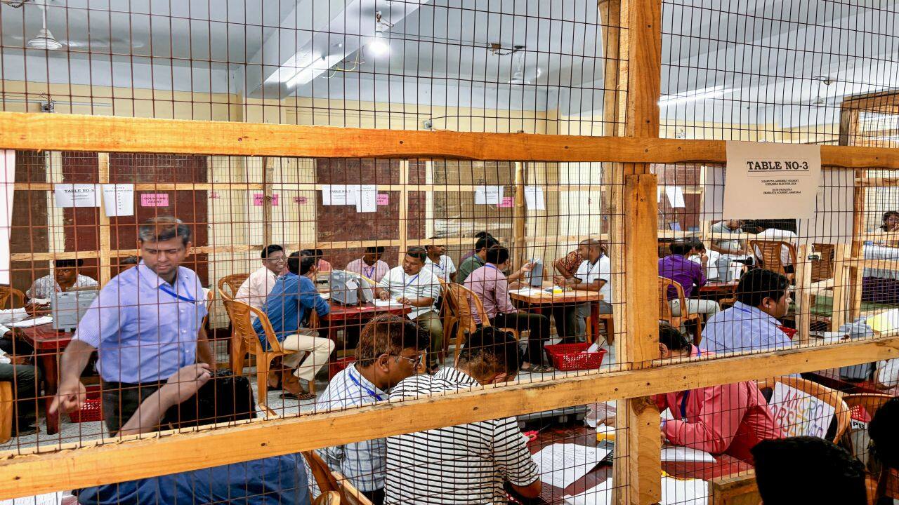Agartala: Polling officials at a counting centre on the day of counting of votes for Lok Sabha elections, in Agartala, Tuesday, June 4, 2024. (PTI Photo)(PTI06_04_2024_000008B)