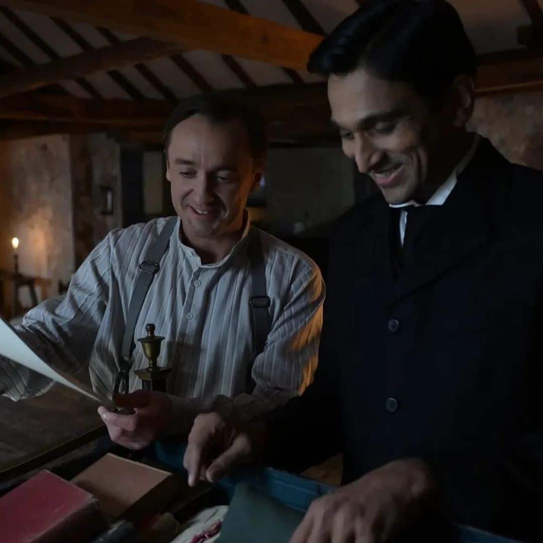 Pratik Gandhi and Tom Felton in BTS photos from the sets of Hansal Mehta's forthcoming series 'Gandhi'.