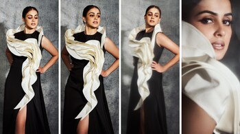 Genelia Deshmukh's gown featured dramatic ruffles and a high slit, adding a modern twist to classic evening wear, and she matched it with classic pearl droplet earrings and rings by Karishma Joolry (Image: @geneliad/Instagram)