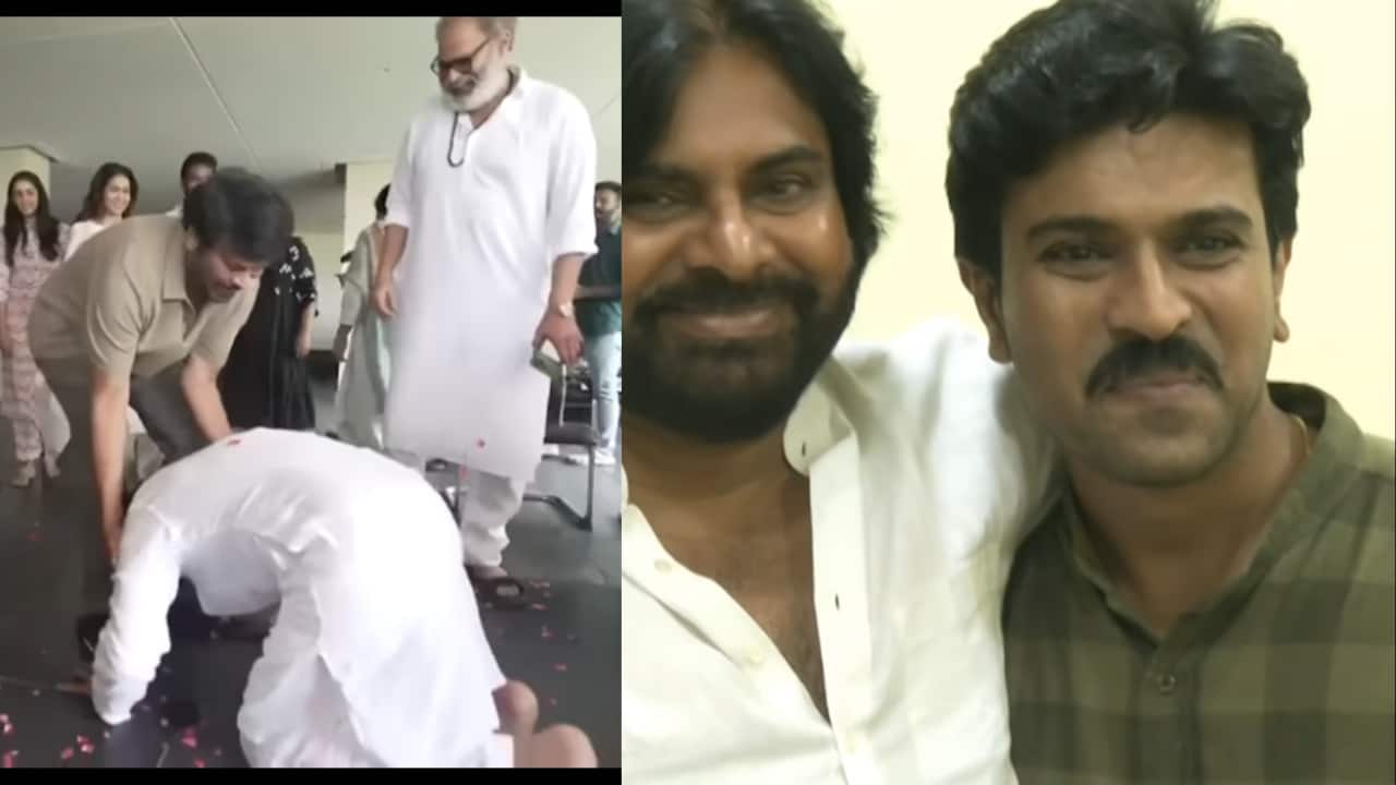 Pawan Kalyan touches Chiranjeevi's feet and takes blessings, hugs nephew Ram Charan and Varun Tej Pawan Kalyan touches Chiranjeevi's feet and takes blessings, hugs nephew Ram Charan and Varun Tej