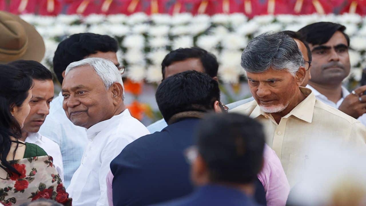 Chandrababu Naidu, chief of Telugu Desam Party (TDP) of state of Andhra Pradesh and Nitish Kumar, Chief Minister of the state of Bihar and chief of Janata Dal (United) party, attend India's Prime Minister Narendra Modi's swearing-in ceremony, at the presidential palace, in New Delhi, India, June 9, 2024. REUTERS/Adnan Abidi Chandrababu Naidu, chief of Telugu Desam Party (TDP) of state of Andhra Pradesh and Nitish Kumar, Chief Minister of the state of Bihar and chief of Janata Dal (United) party, attend India's Prime Minister Narendra Modi's swearing-in ceremony, at the presidential palace, in New Delhi, India, June 9, 2024. REUTERS/Adnan Abidi