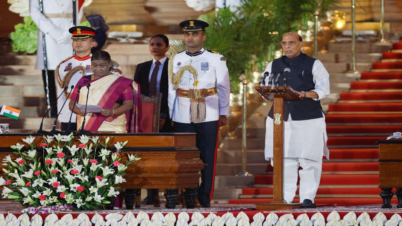 Bharatiya Janata Party (BJP) leader Rajnath Singh takes an oath, as India's President Droupadi Murmu listens, during the swearing-in ceremony at the presidential palace in New Delhi, India, June 9, 2024. REUTERS/Adnan Abidi Bharatiya Janata Party (BJP) leader Rajnath Singh takes an oath, as India's President Droupadi Murmu listens, during the swearing-in ceremony at the presidential palace in New Delhi, India, June 9, 2024. REUTERS/Adnan Abidi