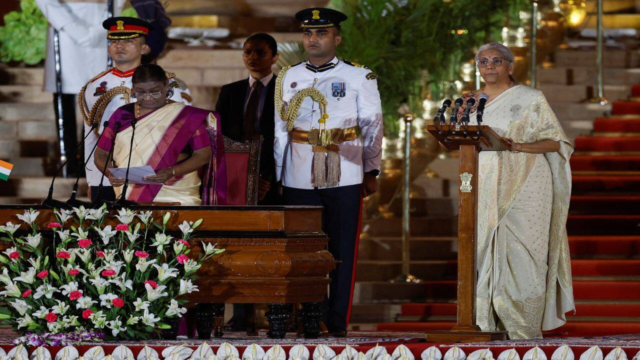 Nirmala Sitharaman of the Bharatiya Janata Party (BJP) takes an oath, as India's President Droupadi Murmu listens, during the swearing-in ceremony at the presidential palace in New Delhi, India, June 9, 2024. REUTERS/Adnan Abidi Nirmala Sitharaman of the Bharatiya Janata Party (BJP) takes an oath, as India's President Droupadi Murmu listens, during the swearing-in ceremony at the presidential palace in New Delhi, India, June 9, 2024. REUTERS/Adnan Abidi