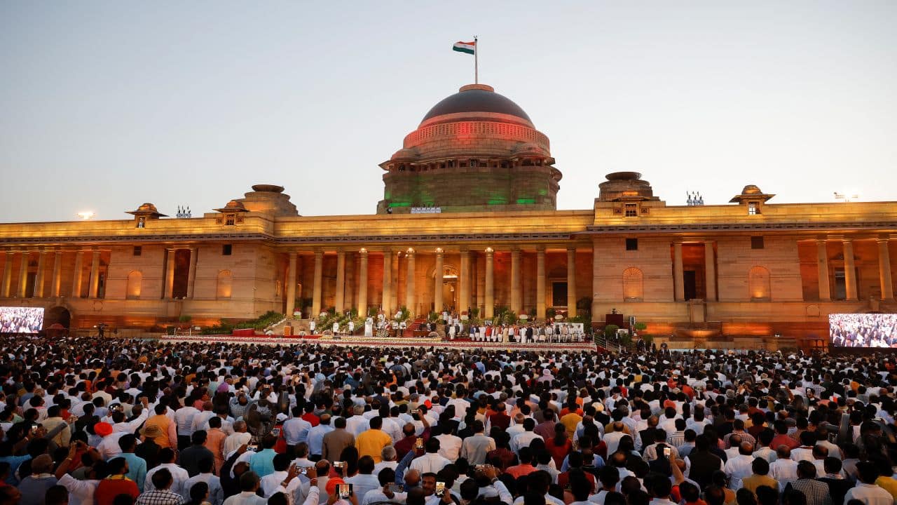 People attend India's Prime Minister Narendra Modi's swearing-in ceremony at the presidential palace in New Delhi, India, June 9, 2024. REUTERS/Adnan Abidi People attend India's Prime Minister Narendra Modi's swearing-in ceremony at the presidential palace in New Delhi, India, June 9, 2024. REUTERS/Adnan Abidi