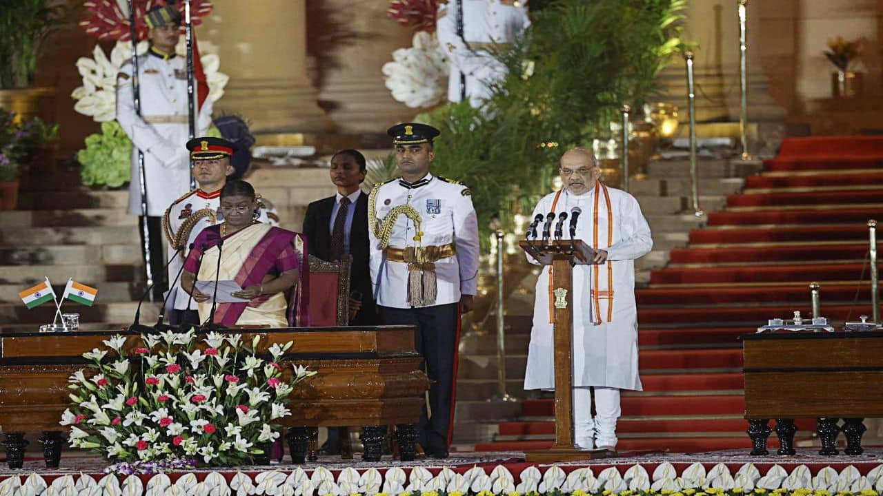Amit Shah takes an oath during a swearing-in ceremony at the presidential palace in New Delhi, India, June 9, 2024. REUTERS/Adnan Abidi Amit Shah takes an oath during a swearing-in ceremony at the presidential palace in New Delhi, India, June 9, 2024. REUTERS/Adnan Abidi
