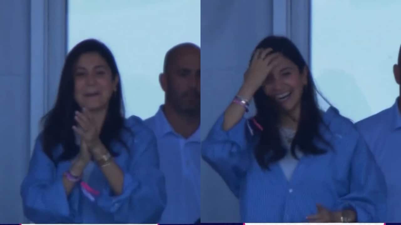 Anushka Sharma smiles and claps for team India after their win against Pakistan in T20 World Cup
