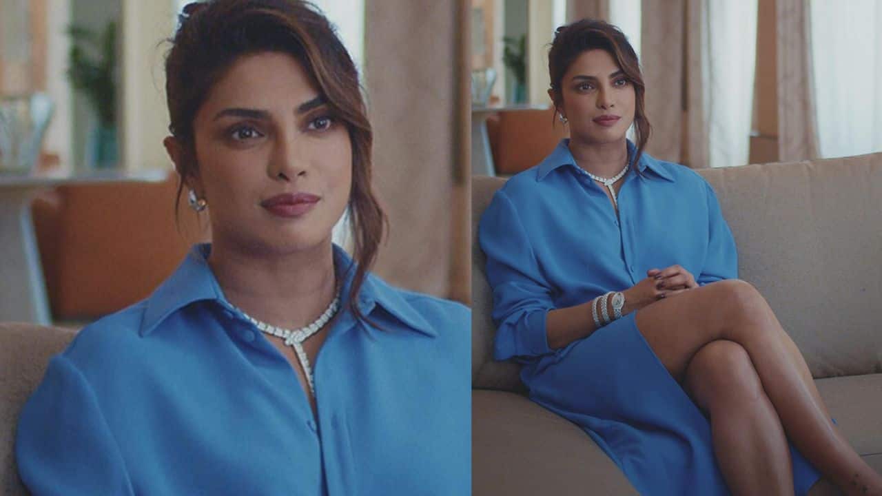 Priyanka Chopra Jonas stuns in Rs 2.29 lakh blue Valentino midi wrap dress for Bvlgari docufilm