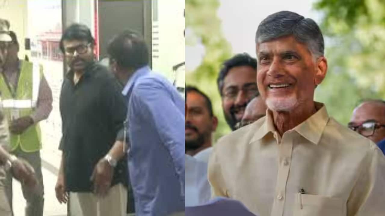 Chiranjeevi arrives at Begumpet airport  in his Rolls Royce to attend the Oath ceremony of Andhra Pradesh CM Chandrababu Naidu