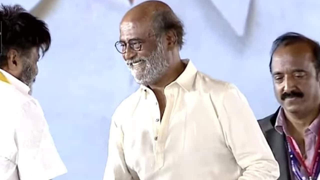 Rajinikanth, Ram Charan Teja, Chiranjeevi at the swearing in ceremony of Chandrababu Naidu and Pawan Kalyan; watch