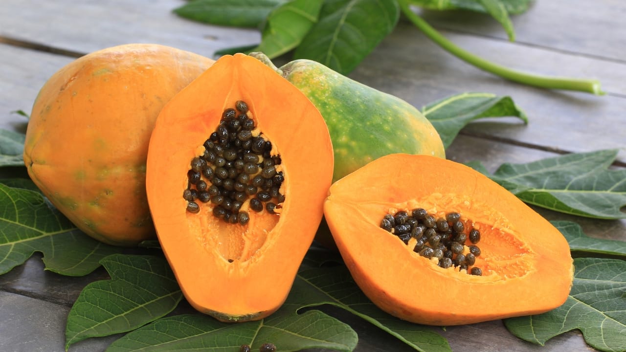 3. Papaya: Properties: Papaya contains papain, an enzyme that aids in exfoliating dead skin cells. Benefits: This exfoliating action helps to reduce the risk of clogged pores, a common cause of acne, and promotes healing and prevention of breakouts. (Image: Canva) 3. Papaya: Properties: Papaya contains papain, an enzyme that aids in exfoliating dead skin cells. Benefits: This exfoliating action helps to reduce the risk of clogged pores, a common cause of acne, and promotes healing and prevention of breakouts. (Image: Canva)