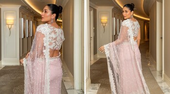 Kareena Kapoor Khan's sari’s delicate fabric was adorned with pearl-embedded scallop borders and intricate leaf patterns, while pearl-adorned tassels added a touch of whimsical elegance to the transparent drape (Image: @manishmalhotra05/Instagram)