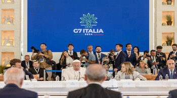 "It is up to each of us to make good use of AI," the Pope said in his address at the Outreach session on the topic of Artificial Intelligence (Image" G7 Italy/X)