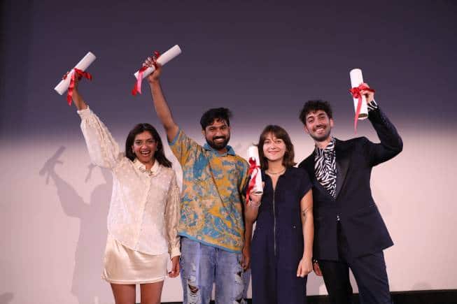 The 2024 Cannes' La Cinef winners, including Mansi Maheshwari (far left) and Chidananda S Naik (second from left). 