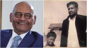 Vedanta founder and chairperson Anil Agarwal, and (right) the throwback picture with his father Dwarka Prasad Agarwal. (Image credit: @AnilAgarwal_Ved/X)