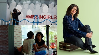 (Clockwise from right) Documentary filmmaker Miriam Chandy Menacherry, a still from her film 'From the Shadows', featuring artist-activist Leena Kejriwal, and the film's poster.