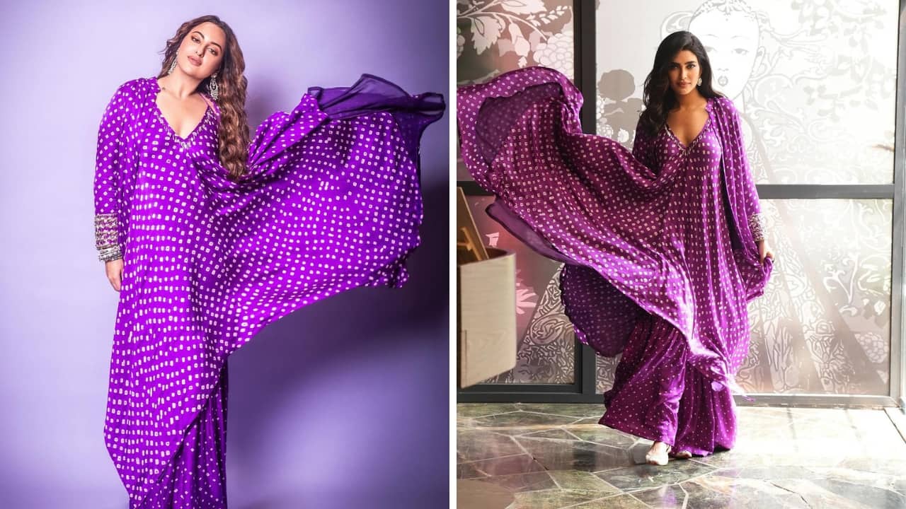 It’s a fashion faceoff for Karishma Tanna and Sonakshi Sinha in purple bandhani ensembles
