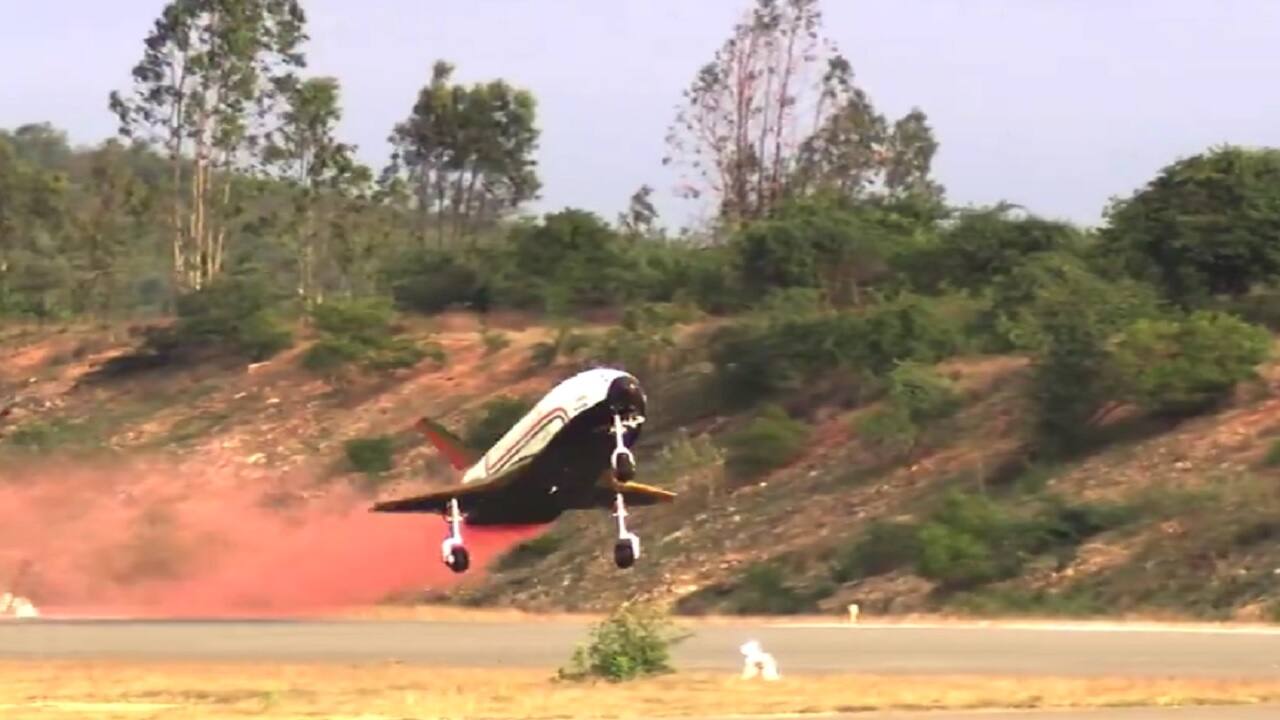  After touchdown, the vehicle velocity was reduced to nearly 100 kmph using its brake parachute, after which the landing gear brakes were employed for deceleration and stop on the runway.(Photo: ISRO)