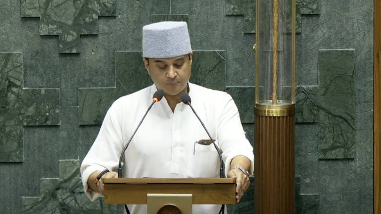 Union Minister Jyotiraditya Scindia takes oath as a member of the 18th Lok Sabha.