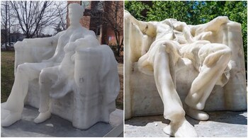 The before and after pictures of the wax replica of former US President Abraham Lincoln in Washington, DC. (Image credit: @HighSierraMan, @volcaholic1/X)