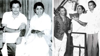 (Left) Madan Mohan with Lata Mangeshkar; and with Mohammad Rafi and Sahir Ludhianvi. (Photo: madanmohan.in via X)