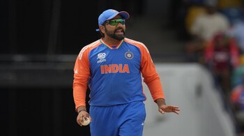 India's captain Rohit Sharma reacts during the ICC Men's T20 World Cup final cricket match between India and South Africa at Kensington Oval in Bridgetown, Barbados
