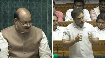 Om Birla (L) and Rahul Gandhi in Lok Sabha