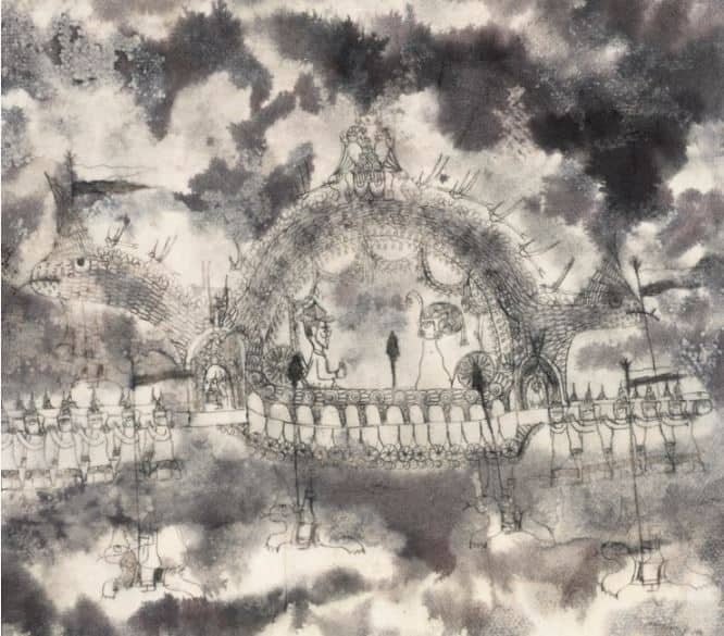 K Ramanujam, Untitled (Dream), ink and watercolour on paper laid on card; 10.5 x 11.5 inches. (Image courtesy DAG)