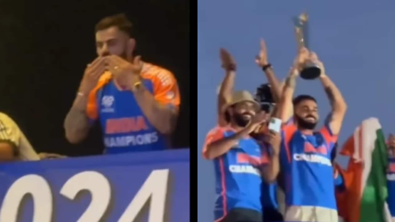 Virat Kohli gives flying kisses to fans, flaunts trophy during victory parade in Mumbai, watch video
