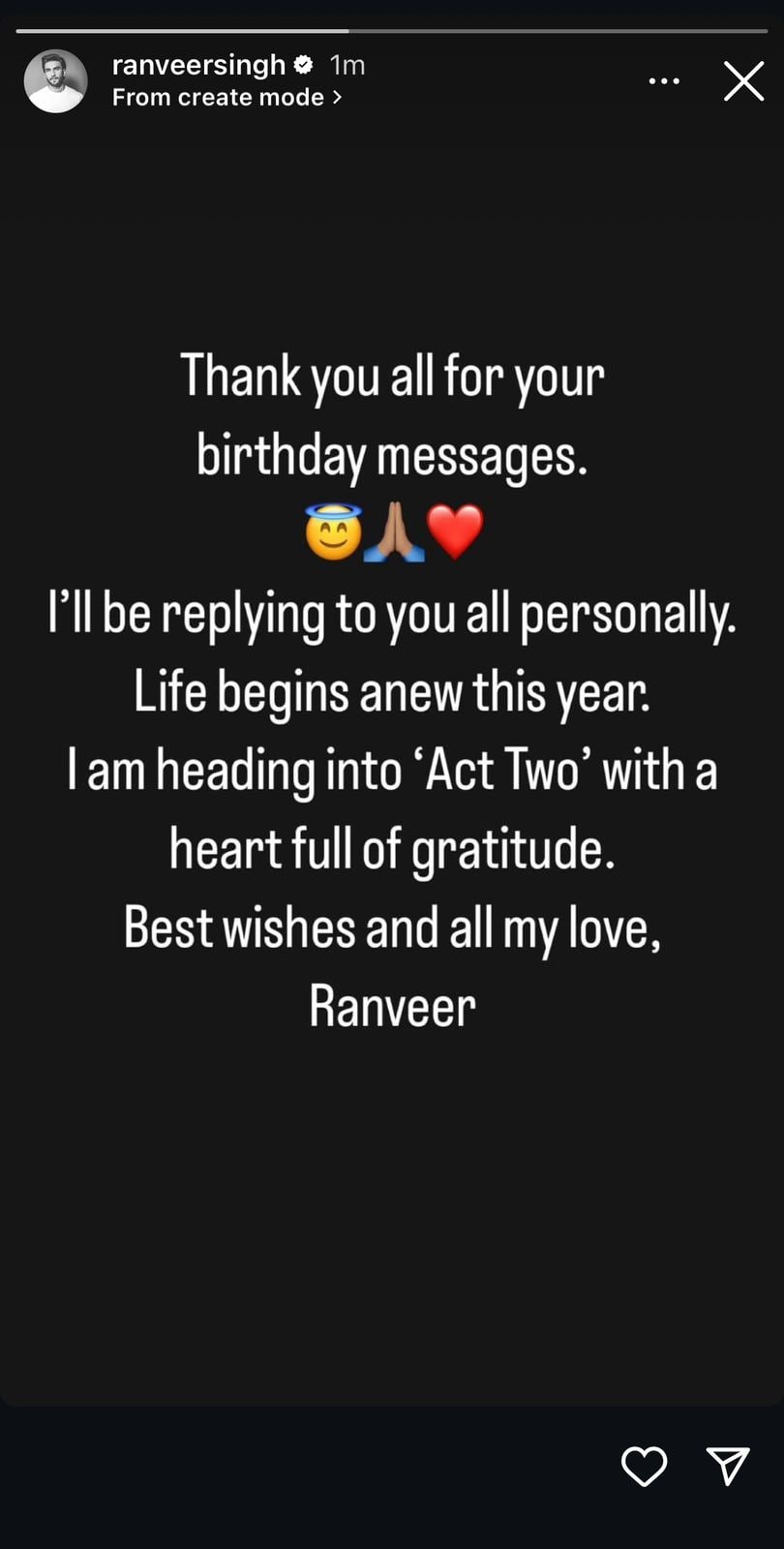 Ranveer Singh's Instagram story