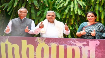 (L-R) Karnataka IT-BT Minister Priyank Kharge, CM Siddaramaiah, and Karnataka IT Secretary Ekroop Caur