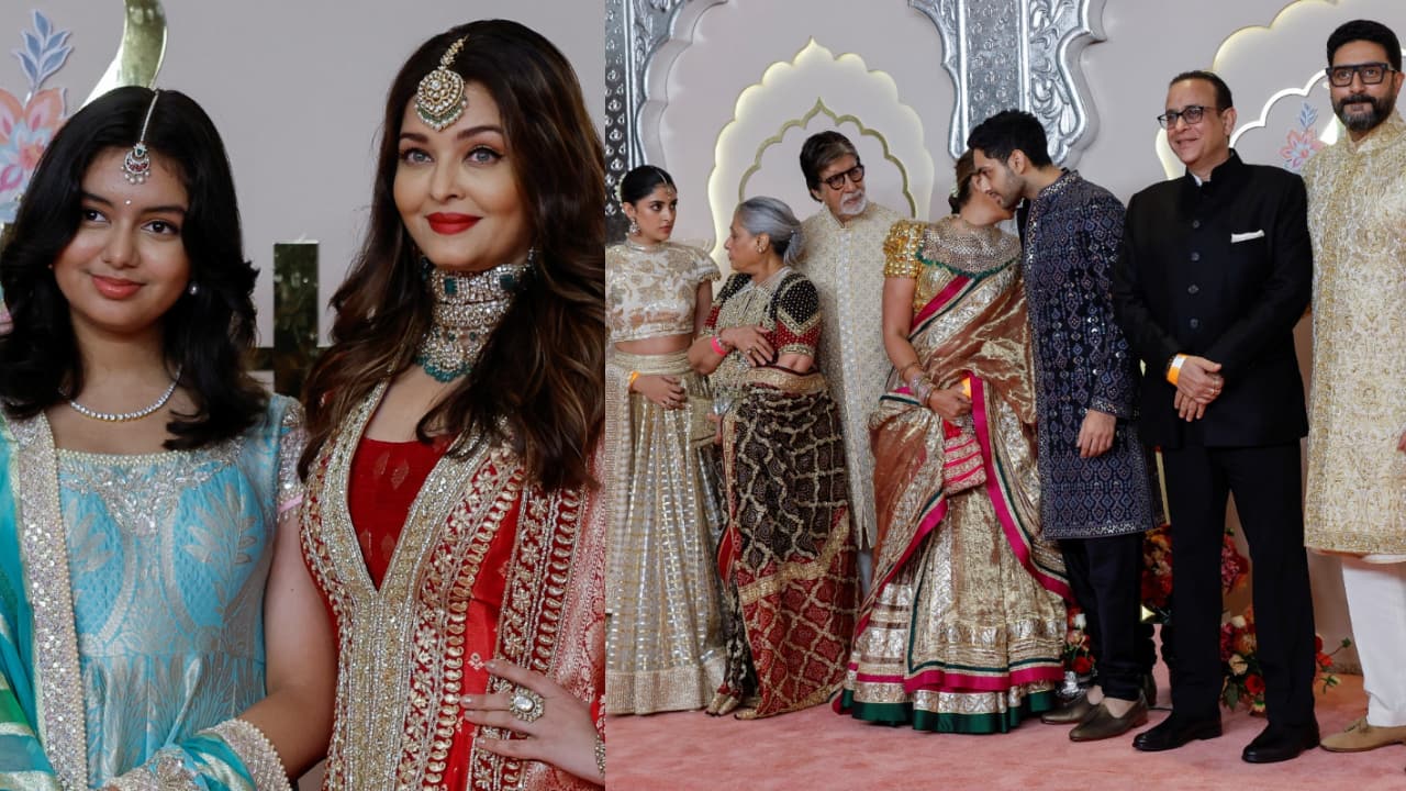 Aishwarya Rai Bachchan arrive with daughter Aaradhya, Amitabh Bachchan poses for paps with Abhishek, Jaya, Shweta at Anant Radhika wedding