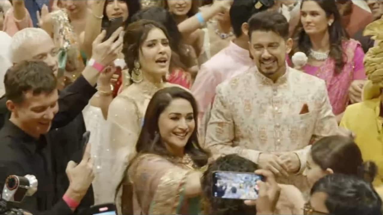 Madhuri made a grand entrance at Mumbai's Jio World Convention Centre, accompanied by her family.