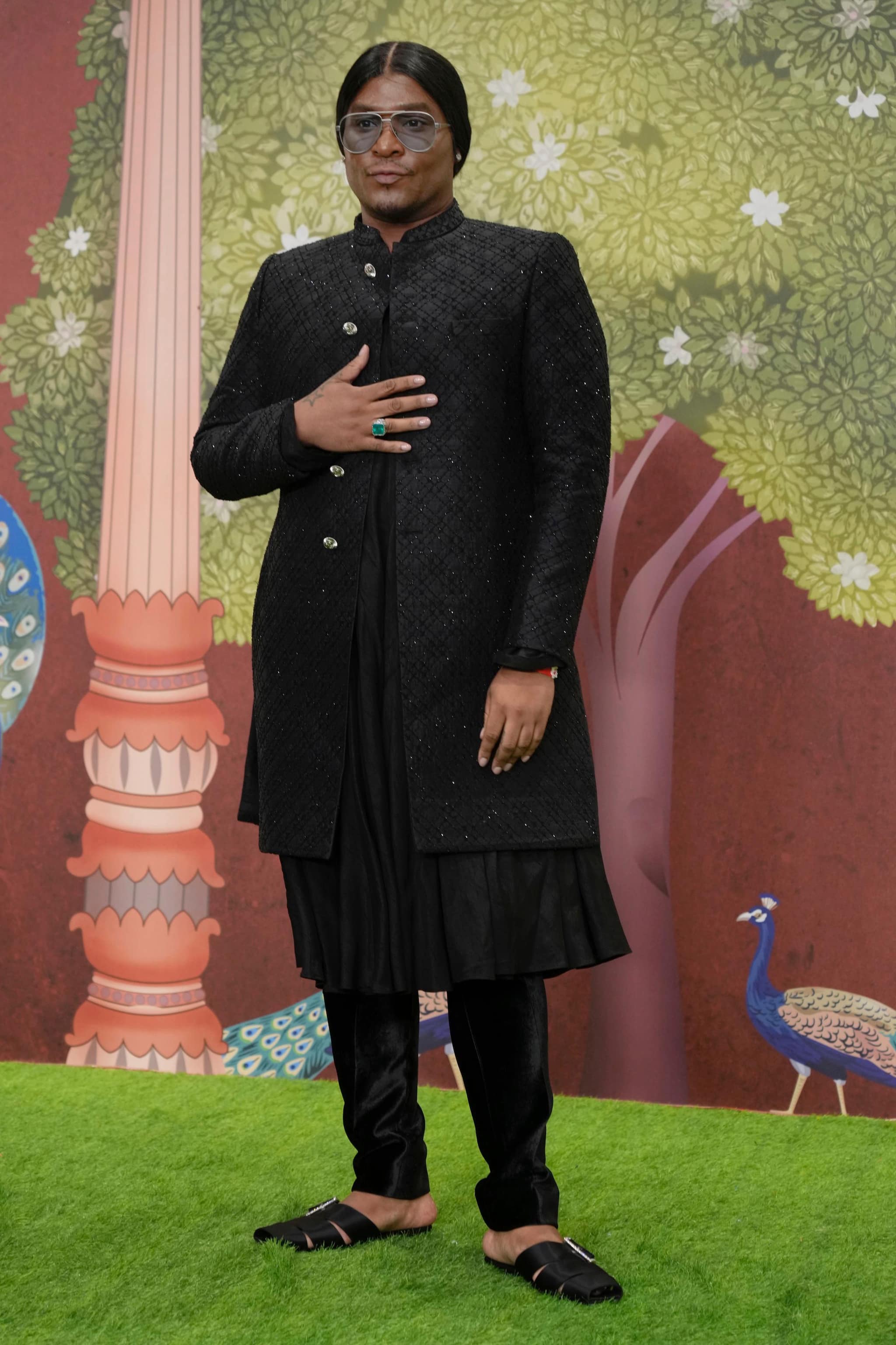 American fashion stylist Law Roach pose for a picture during the blessing ceremony of newlywed couple Anant Ambani son of billionaire Mukesh Ambani's and his wife Radhika Merchant at Jio World Convention Centre in Mumbai, India, Saturday, July. 13, 2024. (AP Photo /Rajanish Kakade)