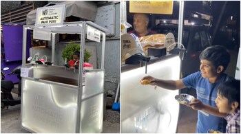 (Left) The automatic panipuri kiosk in Bengaluru's HSR layout. The franchise has other outlets in Pune, Indore, and Madurai. (Image credit: @benedictgershom/X, @whattheflavors/Instagram)